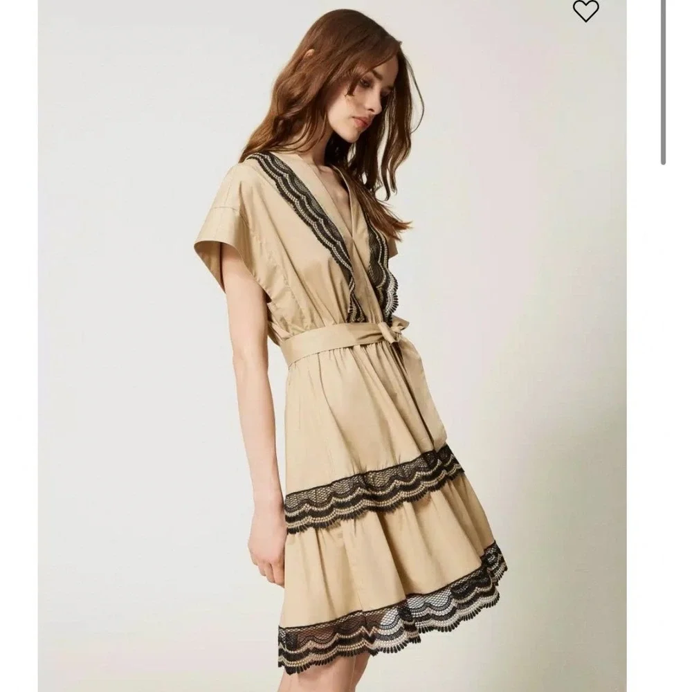 Twinset Milano Lace Trim V-Neck Short Sleeve Dress Women's IT 46 Beige Boho Chic - Picture 2 of 15